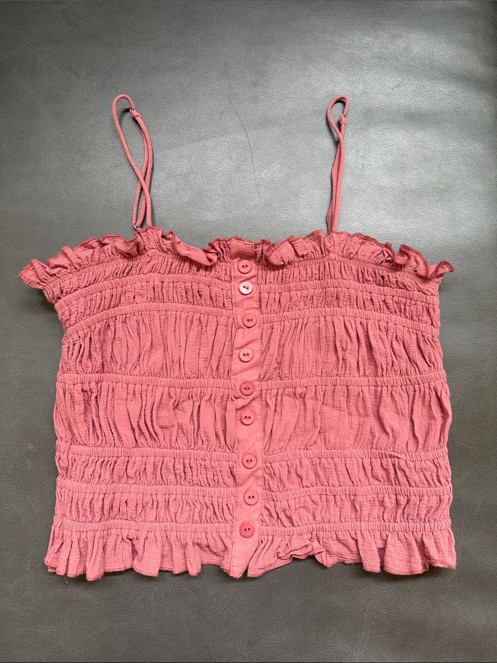 Ruched Button-Front Spaghetti Strap Camisole in Dusty Rose
